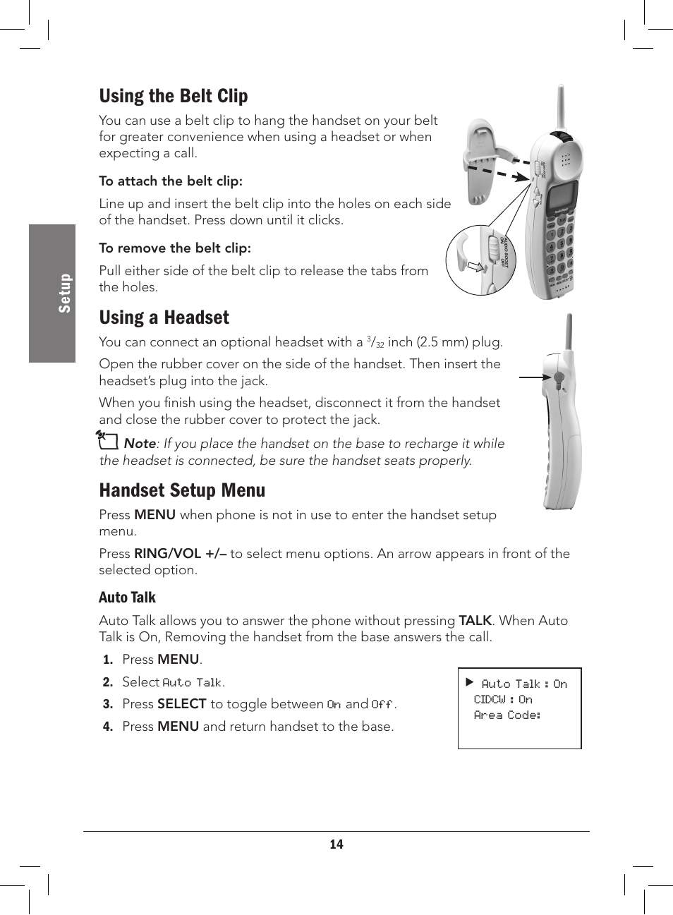 Using the belt clip, Using a headset, Handset setup menu | Se tu p, Auto talk | Radio Shack 43-3577 User Manual | Page 14 / 36