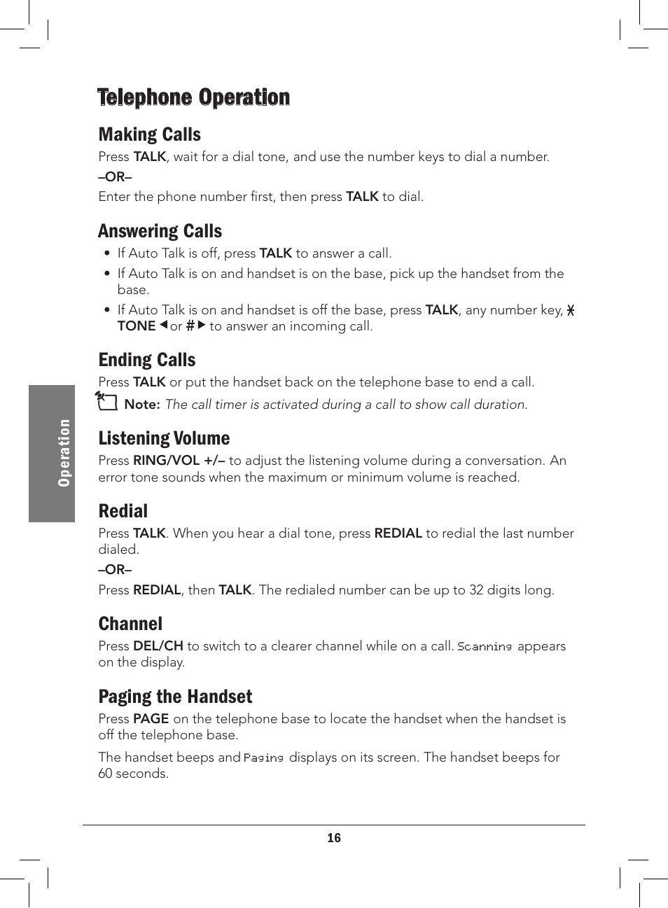 Telephone operation, Making calls, Answering calls | Ending calls, Listening volume, Redial, Channel, Paging the handset | Radio Shack 43-3577 User Manual | Page 16 / 36