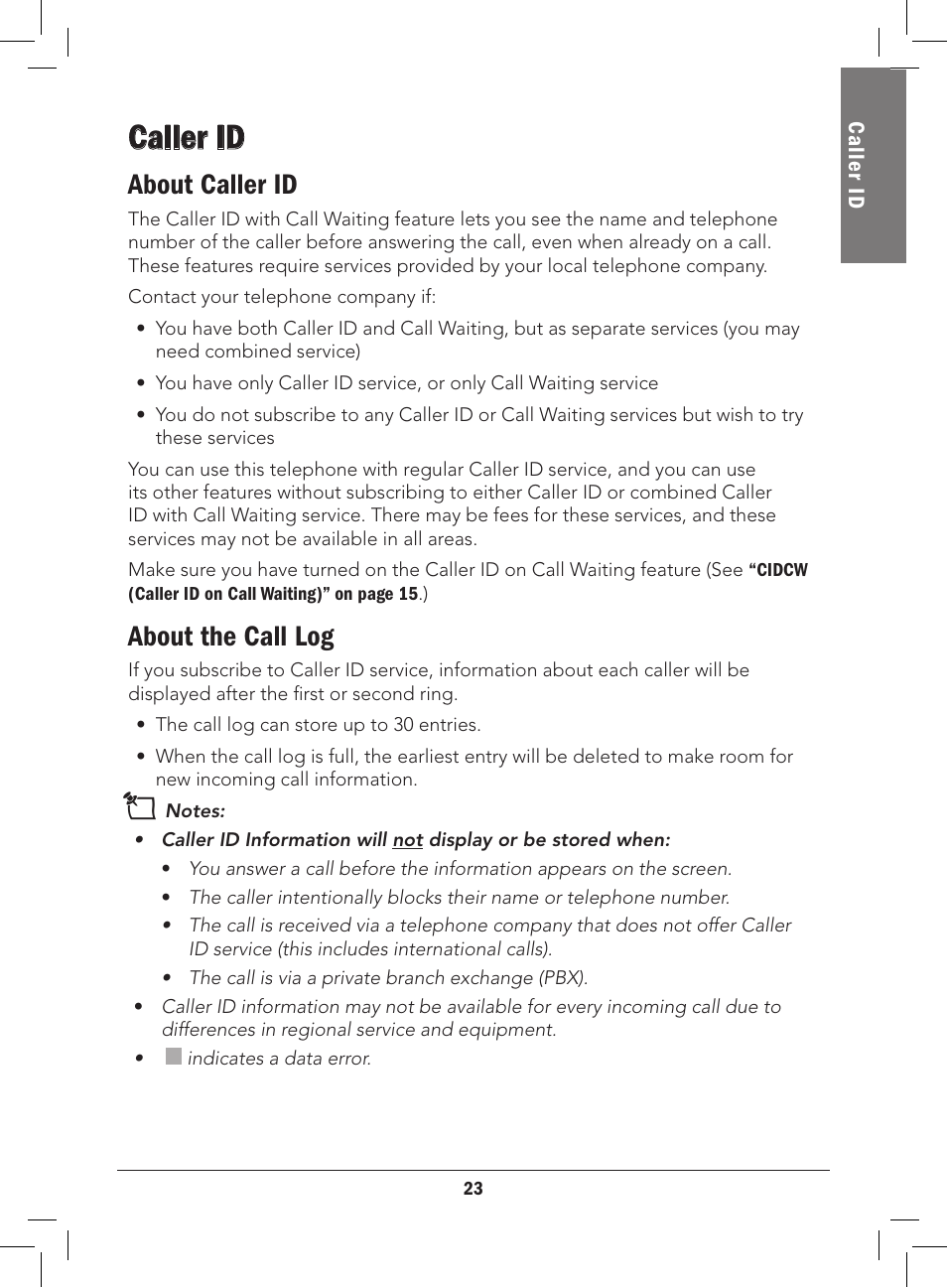 Caller id, About caller id, About the call log | Radio Shack 43-3577 User Manual | Page 23 / 36
