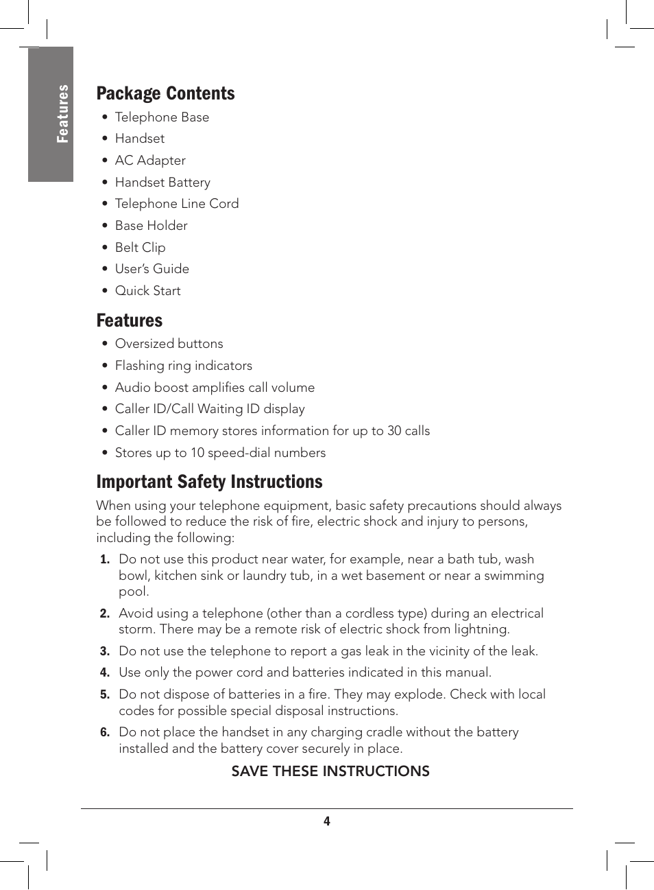 Package contents, Features, Important safety instructions | Radio Shack 43-3577 User Manual | Page 4 / 36