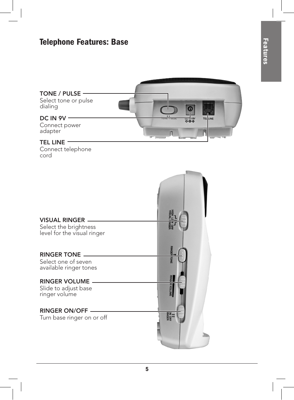 Telephone features: base | Radio Shack 43-3577 User Manual | Page 5 / 36