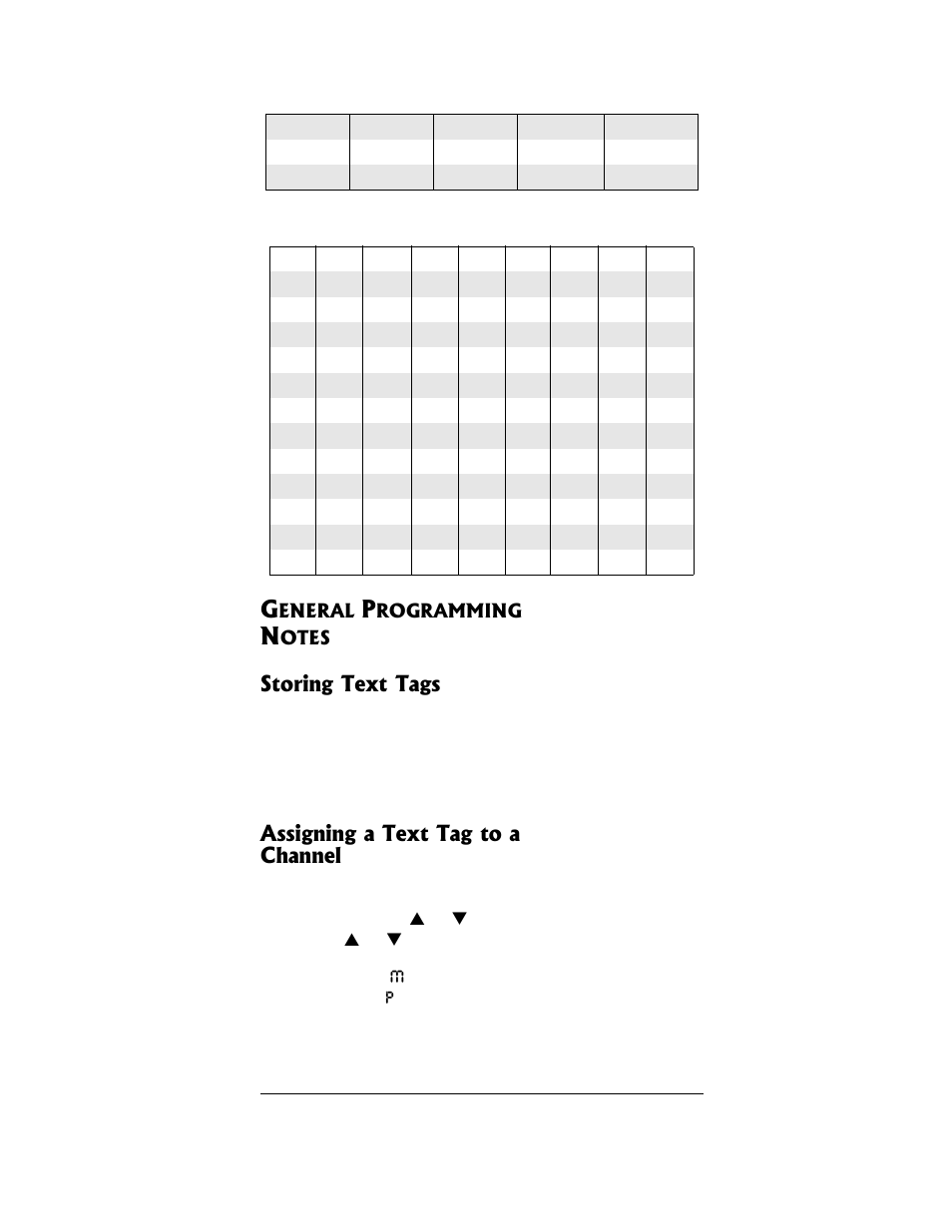 General programming notes, Storing text tags, Assigning a text tag to a channel | Radio Shack PRO-96 User Manual | Page 45 / 124