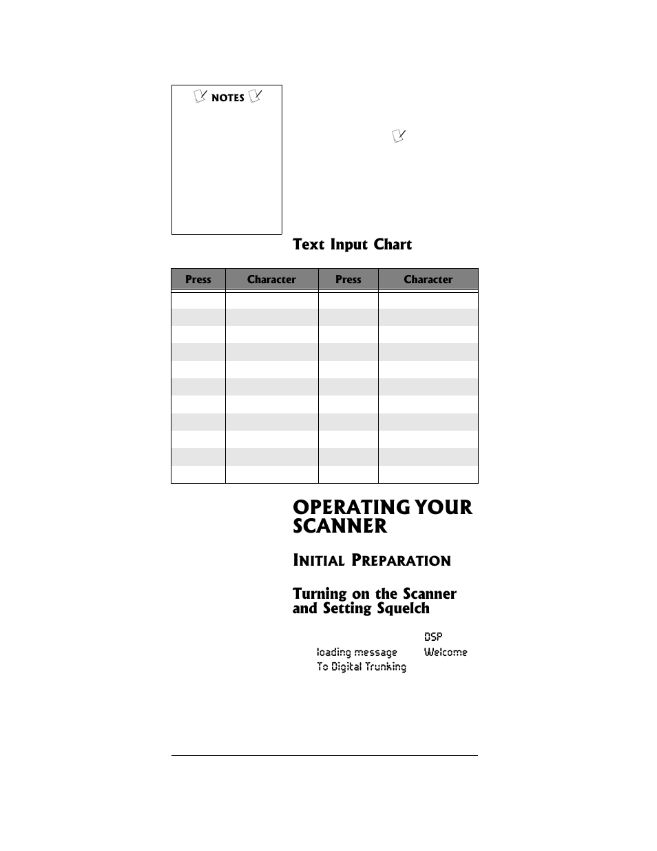 Operating your scanner, Initial preparation, Text input chart | Turning on the scanner and setting squelch | Radio Shack PRO-96 User Manual | Page 48 / 124