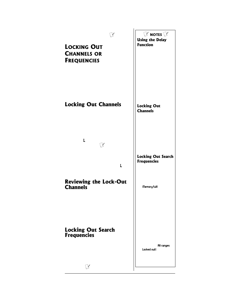 Locking out channels or frequencies, Locking out channels, Reviewing the lock-out channels | Locking out search frequencies | Radio Shack PRO-96 User Manual | Page 67 / 124