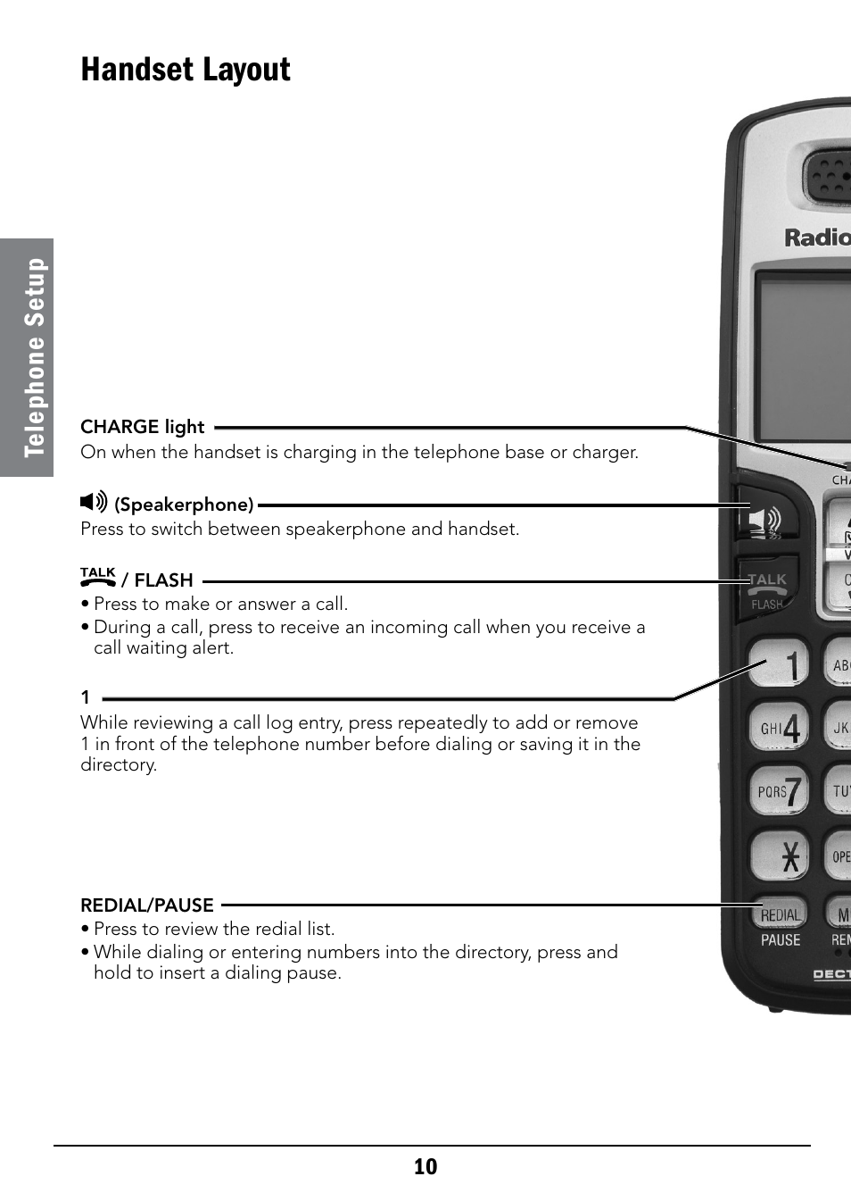 Handset layout, Te le ph on e se tu p | Radio Shack 43-326 User Manual | Page 10 / 48