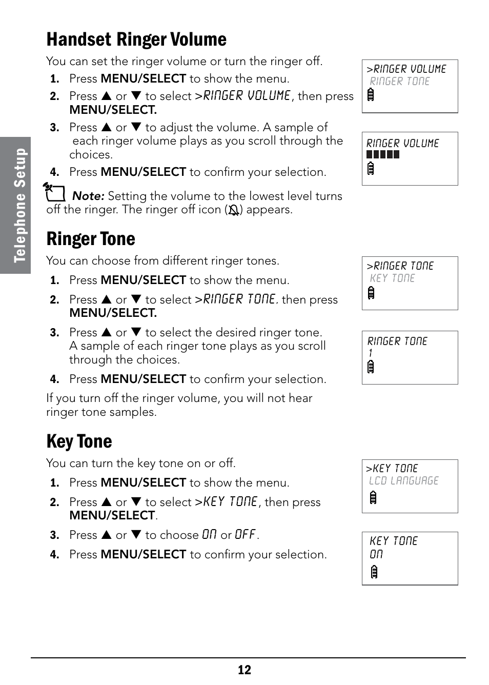 Handset ringer volume, Ringer tone, Key tone | Te le ph on e se tu p | Radio Shack 43-326 User Manual | Page 12 / 48