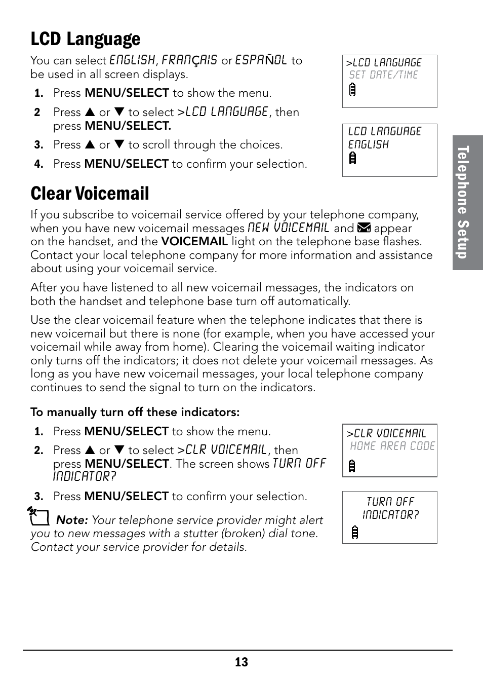 Lcd language, Clear voicemail, Te le ph on e s et up | Radio Shack 43-326 User Manual | Page 13 / 48