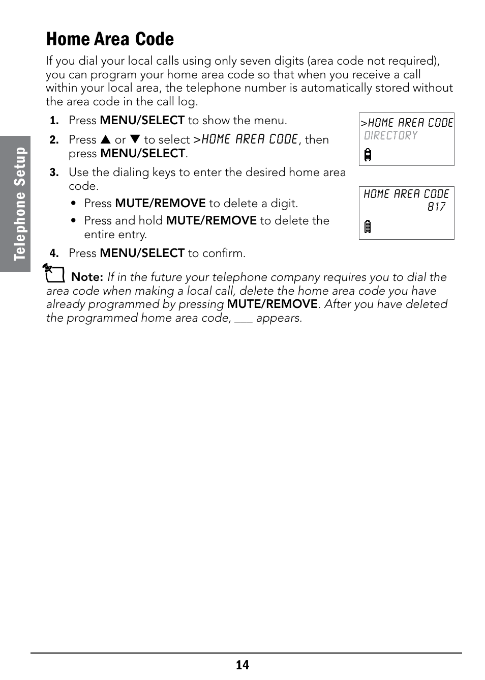 Home area code, Te le ph on e se tu p | Radio Shack 43-326 User Manual | Page 14 / 48