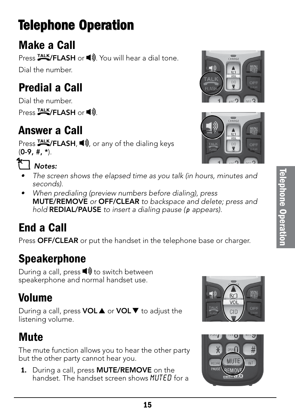 Telephone operation, Make a call, Predial a call | Answer a call, End a call, Speakerphone, Volume, Mute | Radio Shack 43-326 User Manual | Page 15 / 48