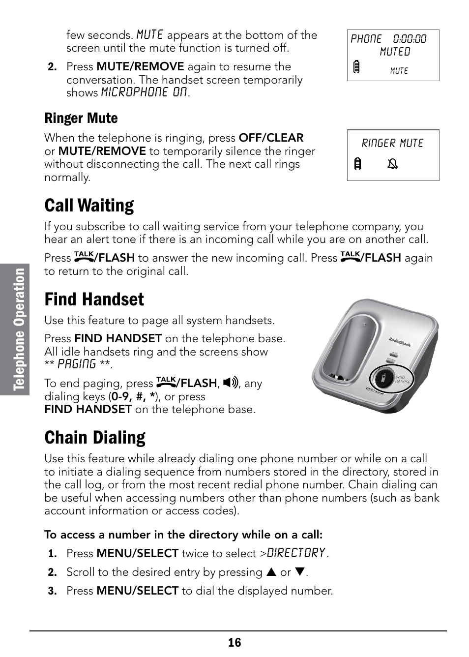 Call waiting, Find handset, Chain dialing | Telephone oper ation, Ringer mute | Radio Shack 43-326 User Manual | Page 16 / 48