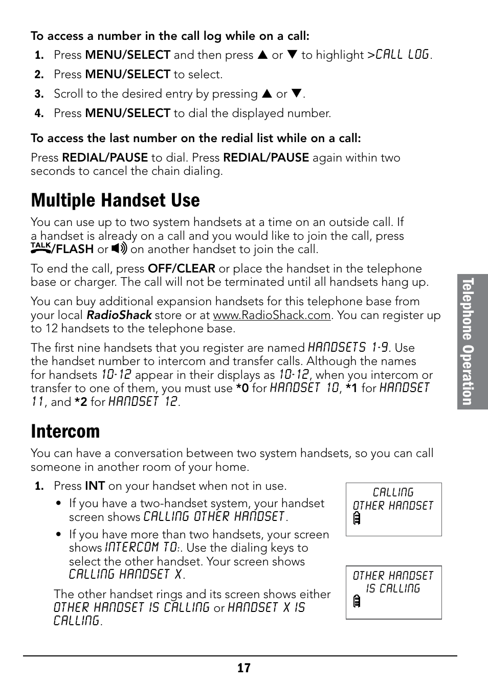 Multiple handset use, Intercom, Telephone oper ation | Radio Shack 43-326 User Manual | Page 17 / 48