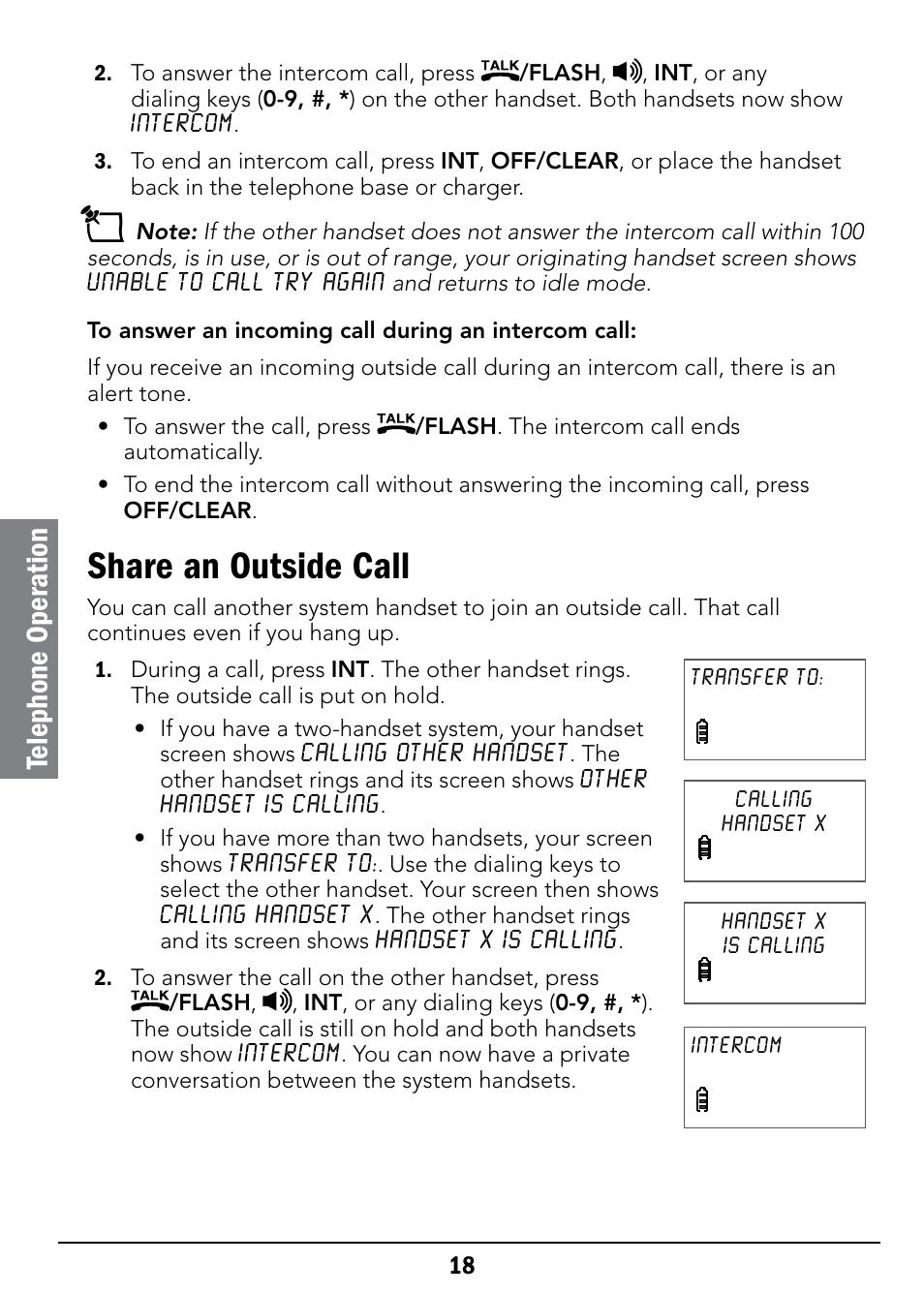 Share an outside call, Telephone oper ation | Radio Shack 43-326 User Manual | Page 18 / 48