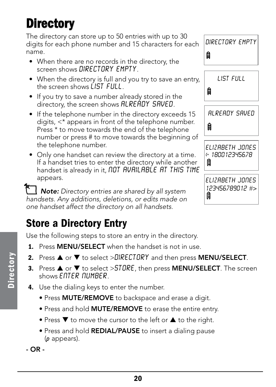 Directory, Store a directory entry, Dir ec to ry | Radio Shack 43-326 User Manual | Page 20 / 48