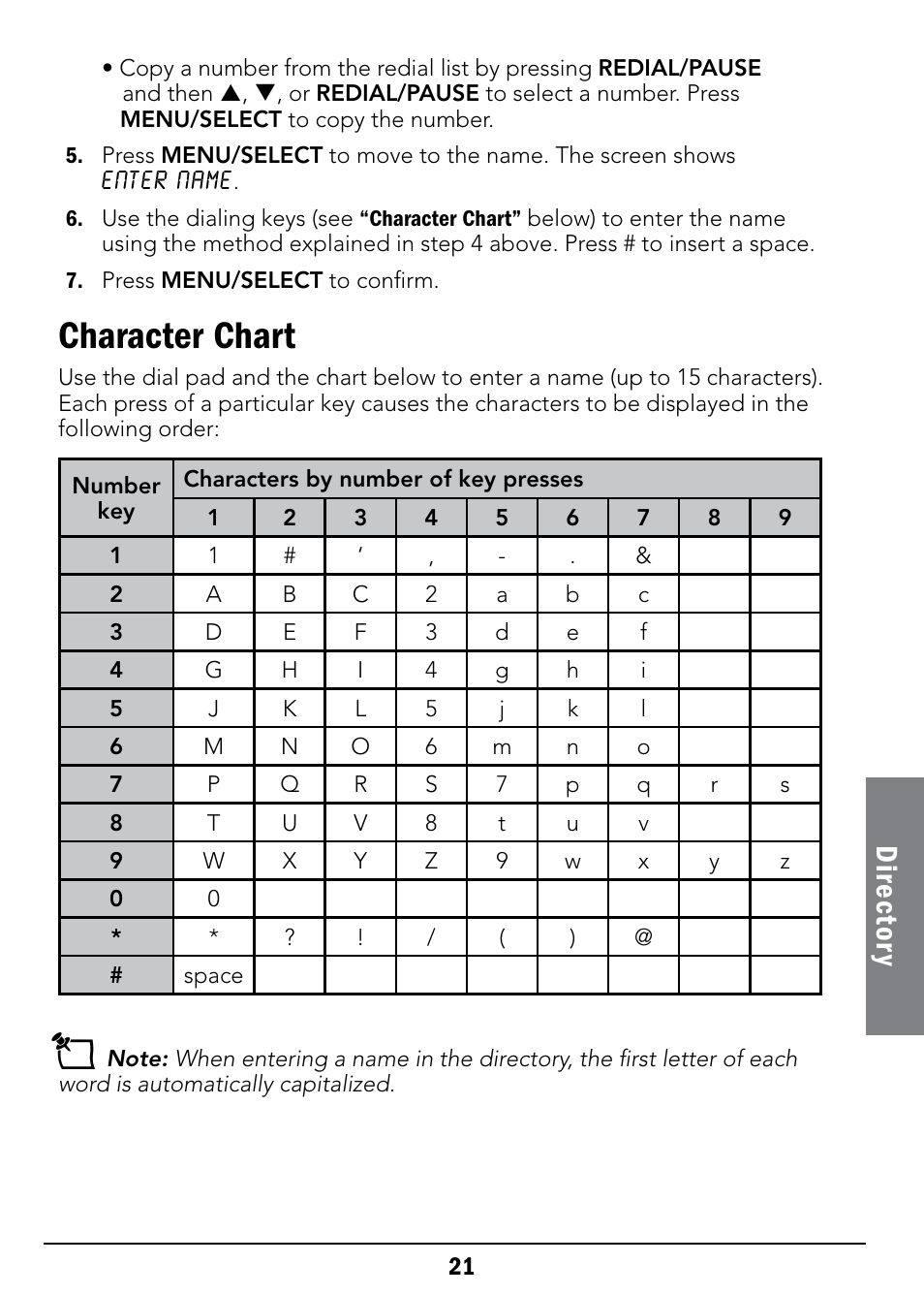 Character chart, Dire ct or y | Radio Shack 43-326 User Manual | Page 21 / 48