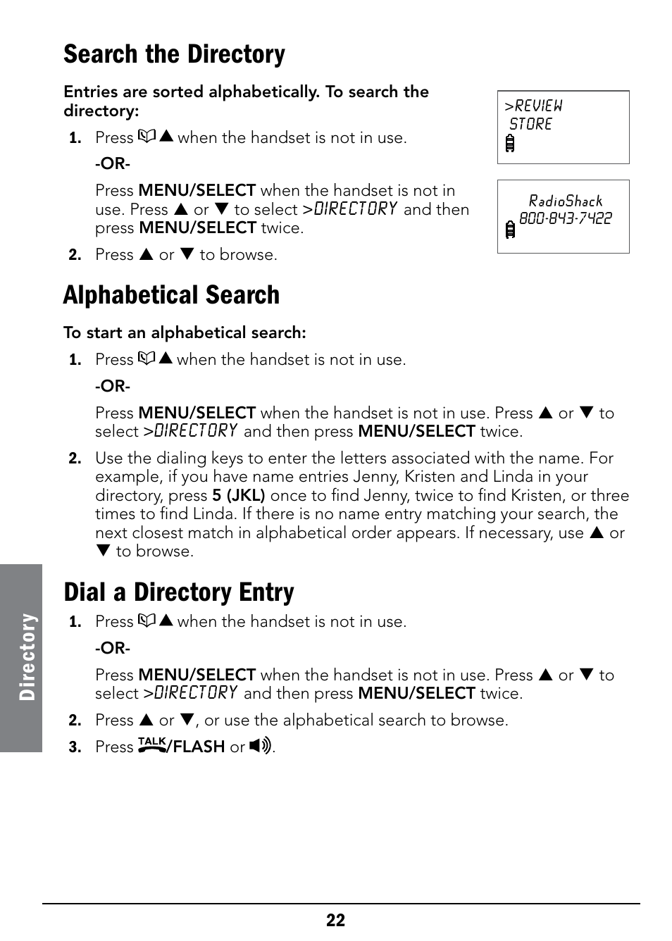 Search the directory, Alphabetical search, Dial a directory entry | Dir ec to ry | Radio Shack 43-326 User Manual | Page 22 / 48