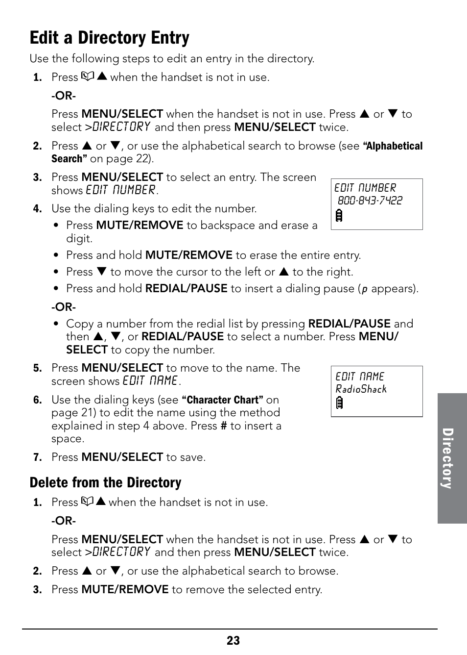 Edit a directory entry, Dire ct or y, Delete from the directory | Radio Shack 43-326 User Manual | Page 23 / 48