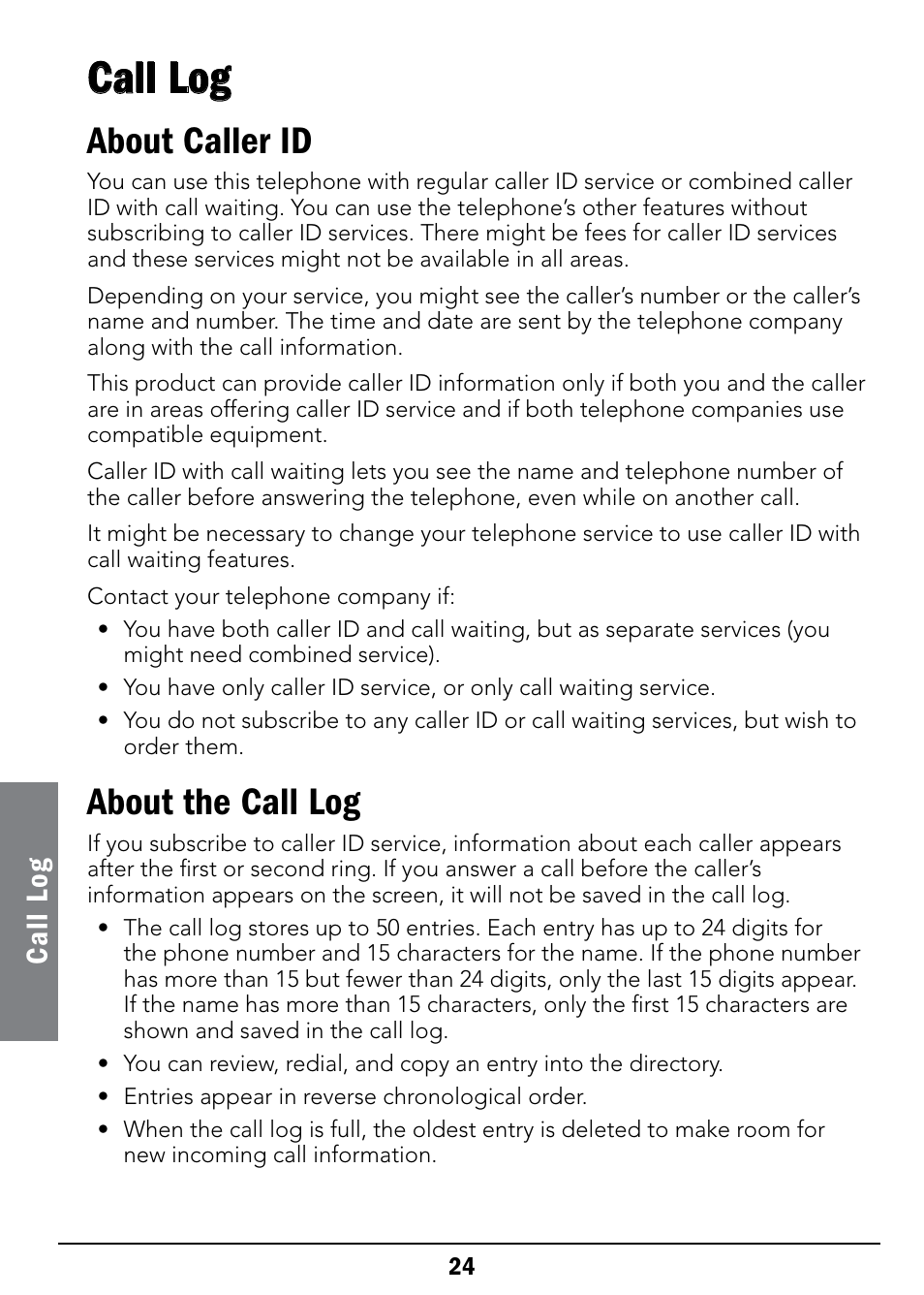 Call log, About caller id, About the call log | Cal l lo g | Radio Shack 43-326 User Manual | Page 24 / 48