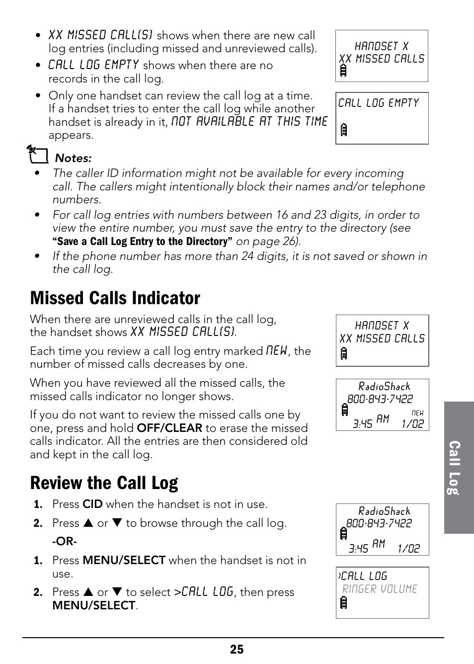 Missed calls indicator, Review the call log, Call l og | Radio Shack 43-326 User Manual | Page 25 / 48