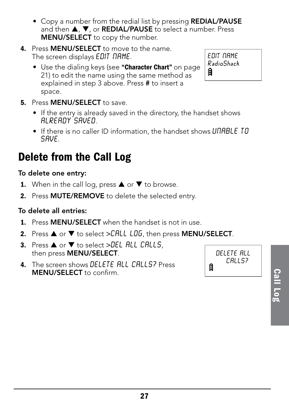 Delete from the call log, Call l og | Radio Shack 43-326 User Manual | Page 27 / 48