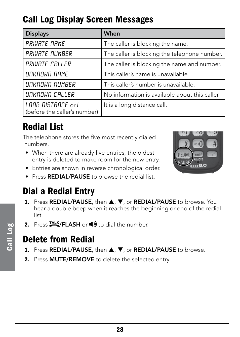 Call log display screen messages, Redial list, Dial a redial entry | Delete from redial, Cal l lo g | Radio Shack 43-326 User Manual | Page 28 / 48