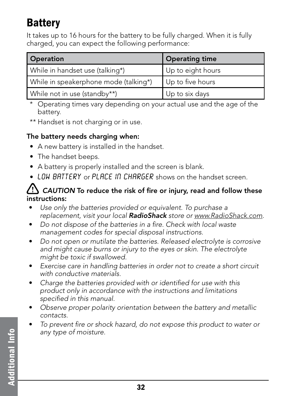 Battery, Ad di ti on al i nf o | Radio Shack 43-326 User Manual | Page 32 / 48