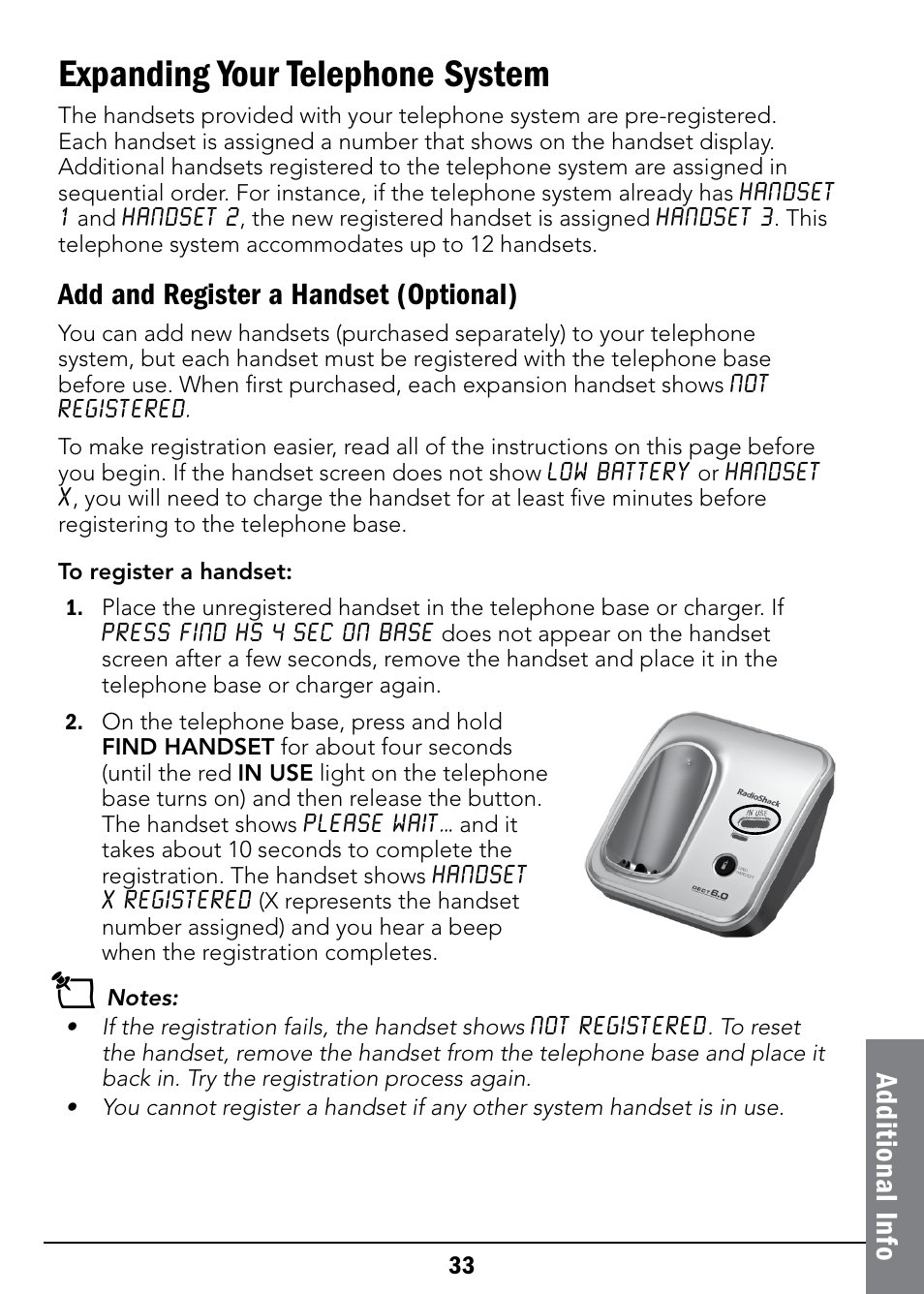 Expanding your telephone system, Ad dit io na l i nfo, Add and register a handset (optional) | Radio Shack 43-326 User Manual | Page 33 / 48