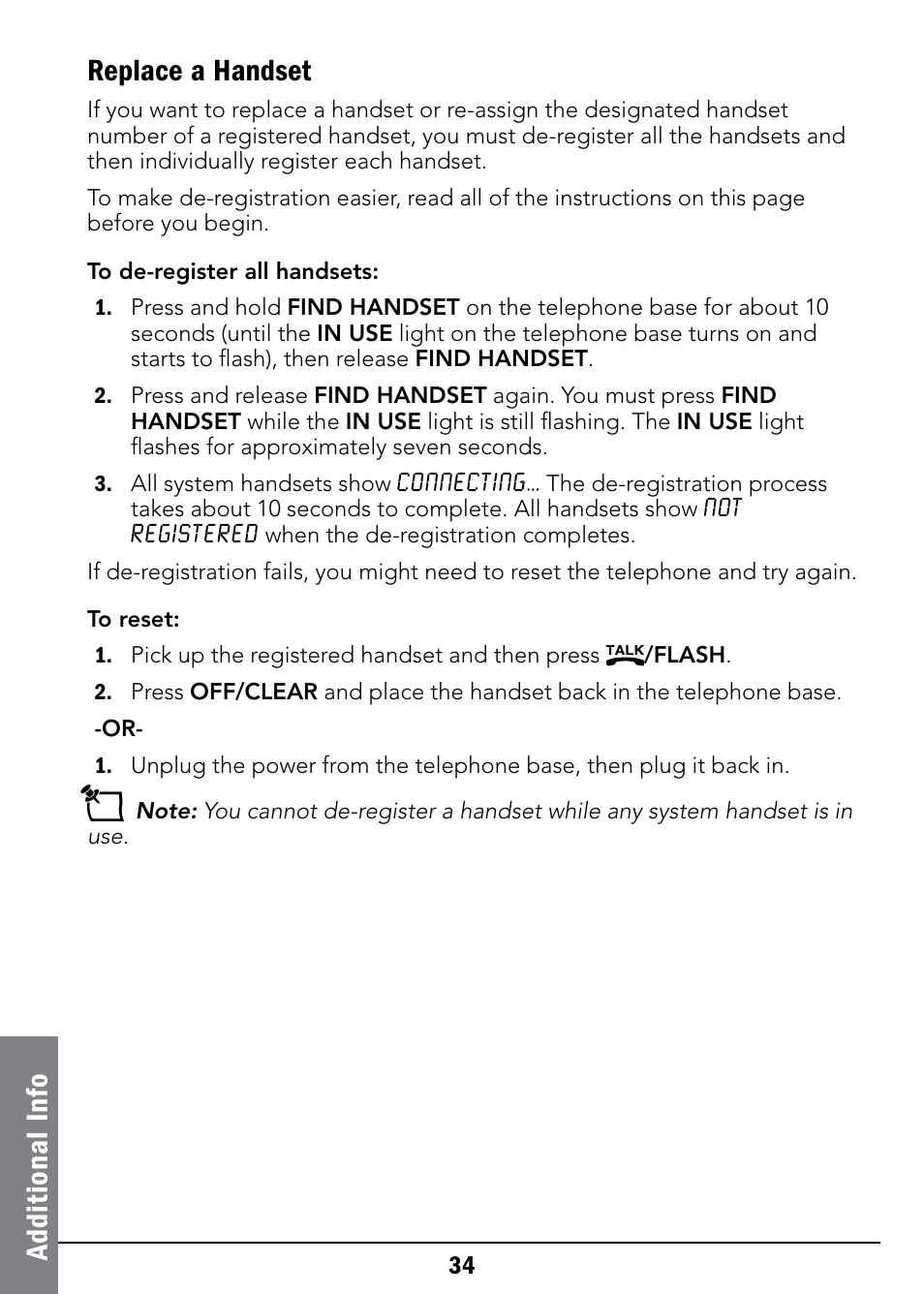 Ad di ti on al i nf o replace a handset | Radio Shack 43-326 User Manual | Page 34 / 48