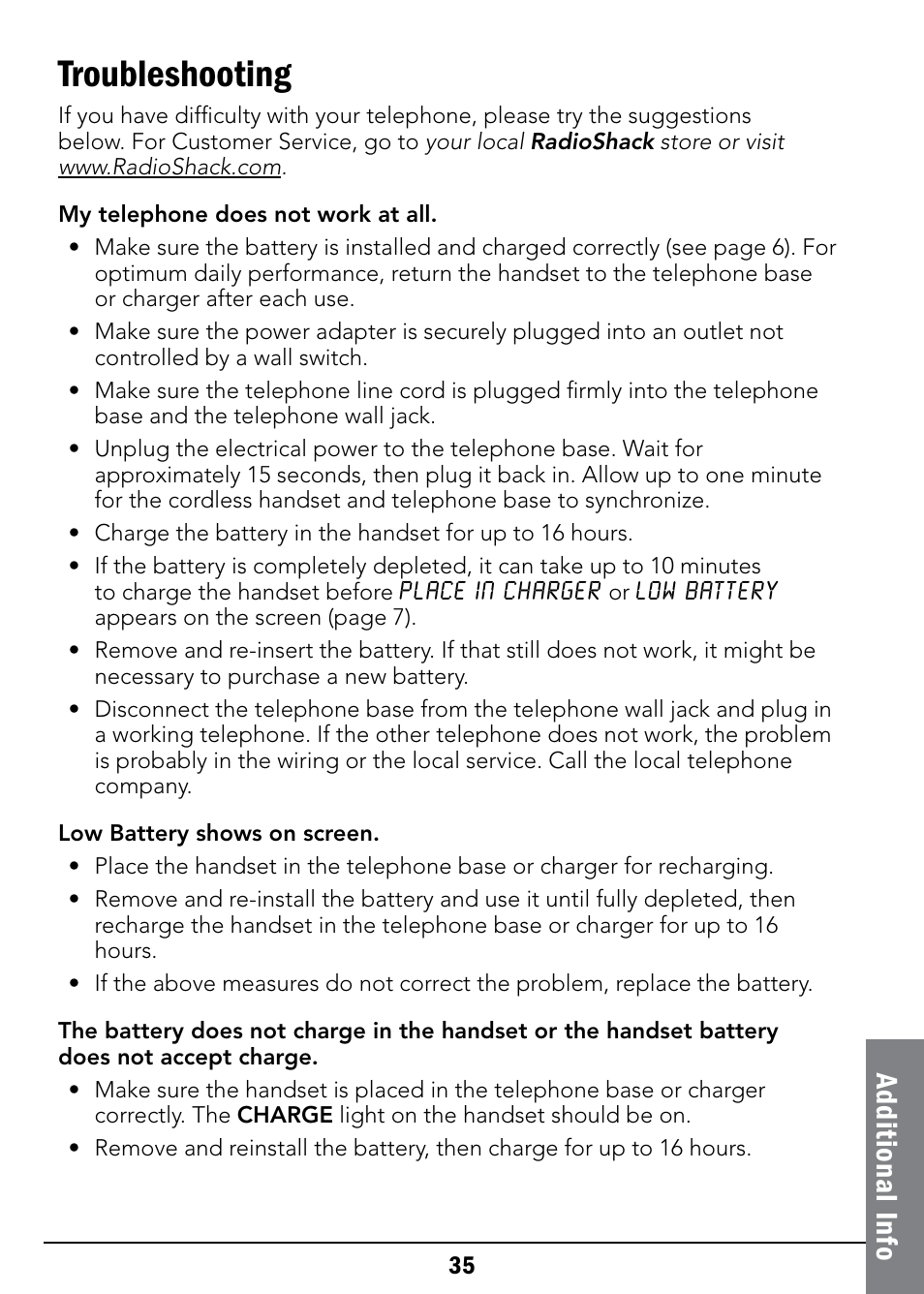 Troubleshooting, Ad dit io na l i nfo | Radio Shack 43-326 User Manual | Page 35 / 48