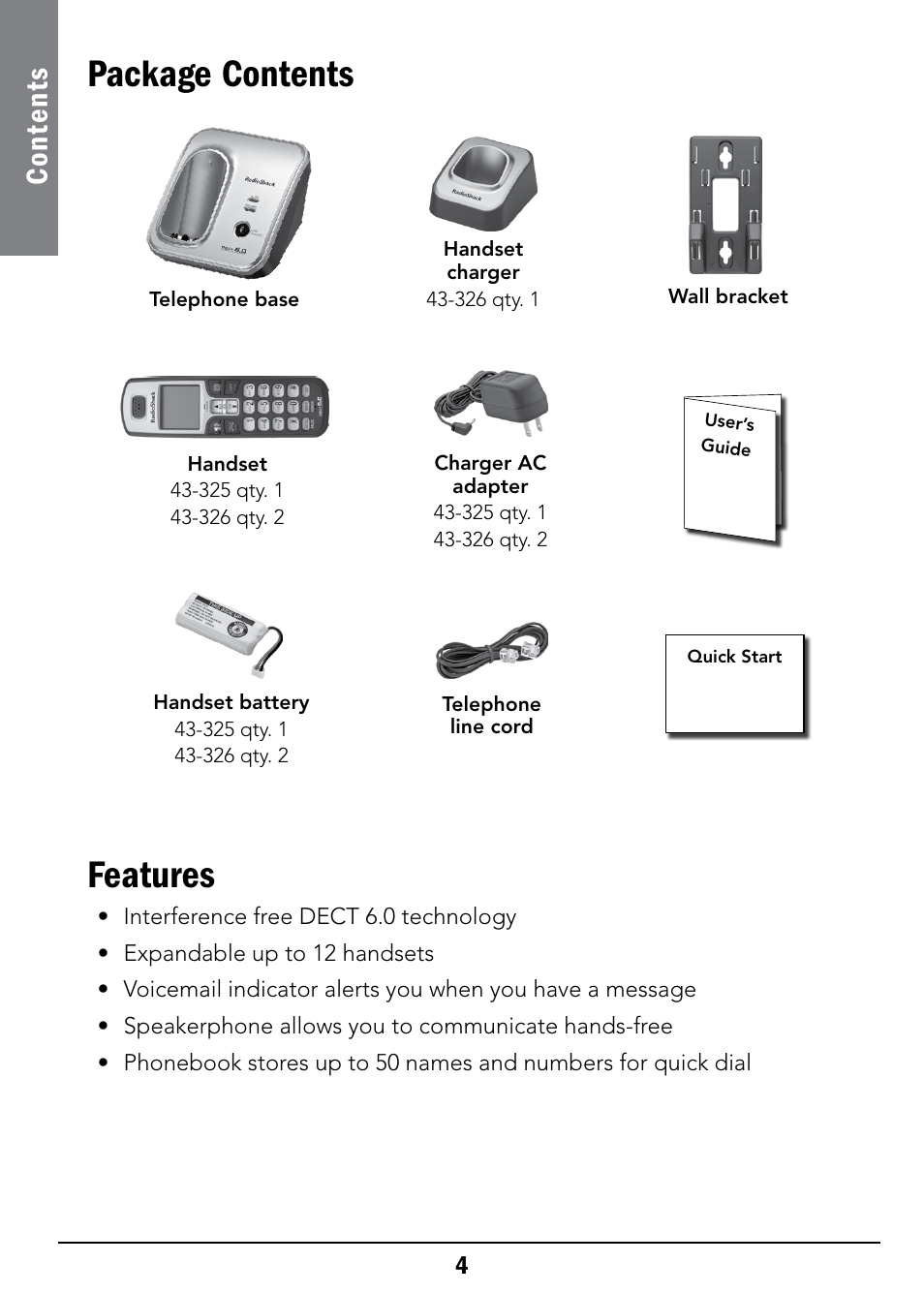 Package contents, Features, Con te nt s | Radio Shack 43-326 User Manual | Page 4 / 48