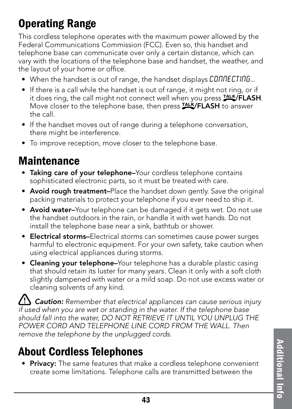 Operating range, Maintenance, About cordless telephones | Ad dit io na l i nfo | Radio Shack 43-326 User Manual | Page 43 / 48