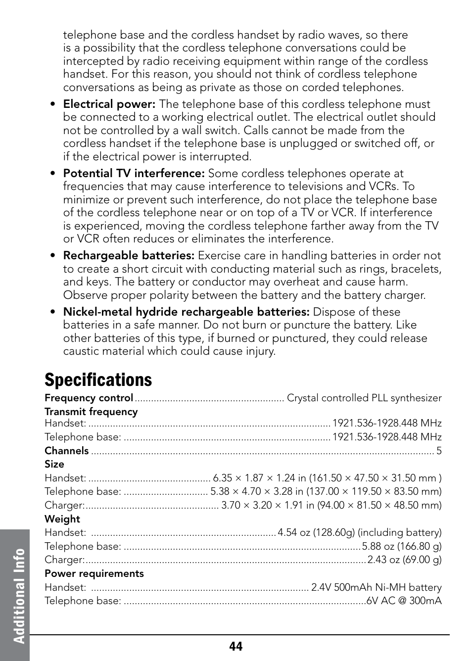 Specifications, Ad di ti on al i nf o | Radio Shack 43-326 User Manual | Page 44 / 48