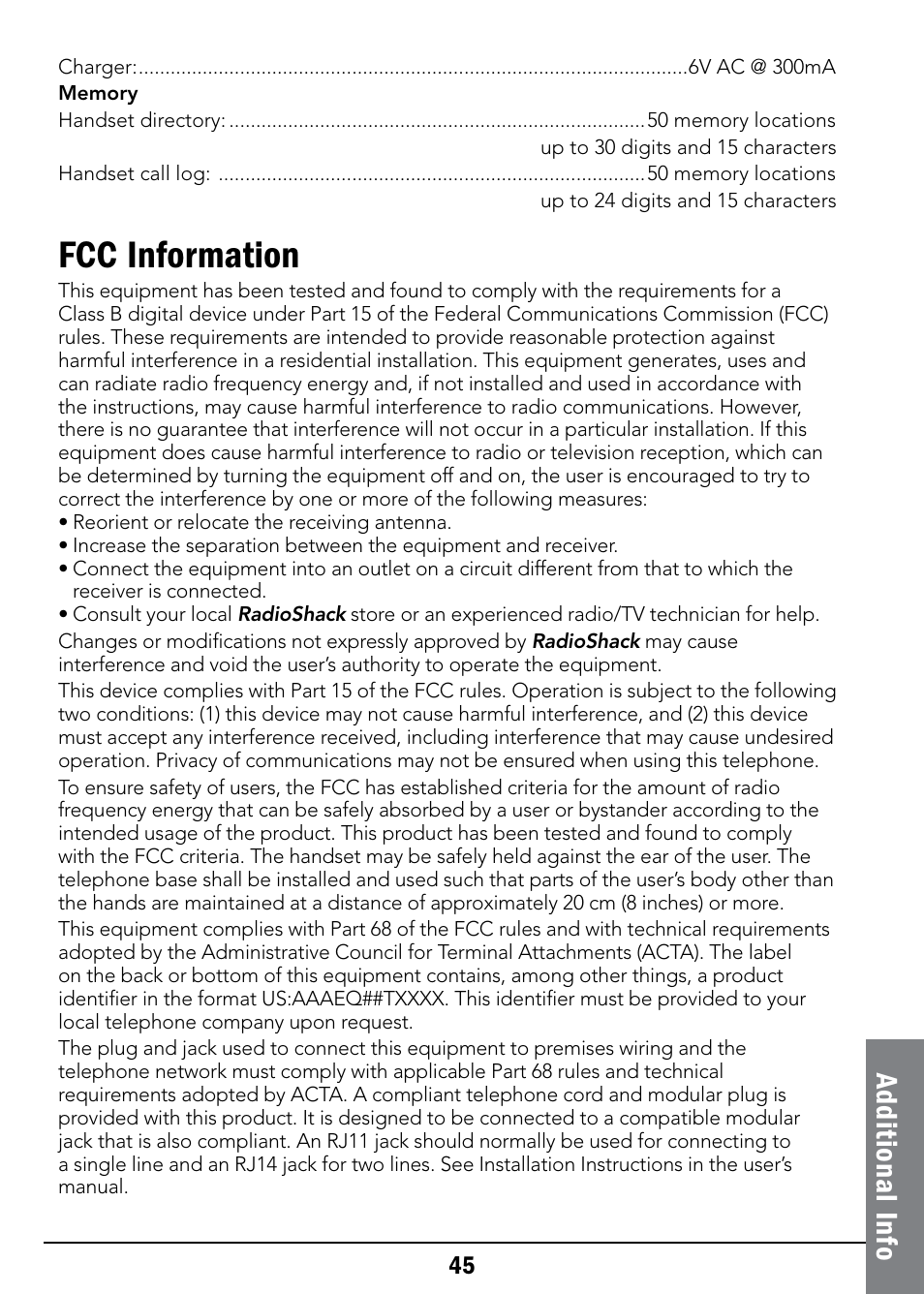 Fcc information, Ad dit io na l i nfo | Radio Shack 43-326 User Manual | Page 45 / 48