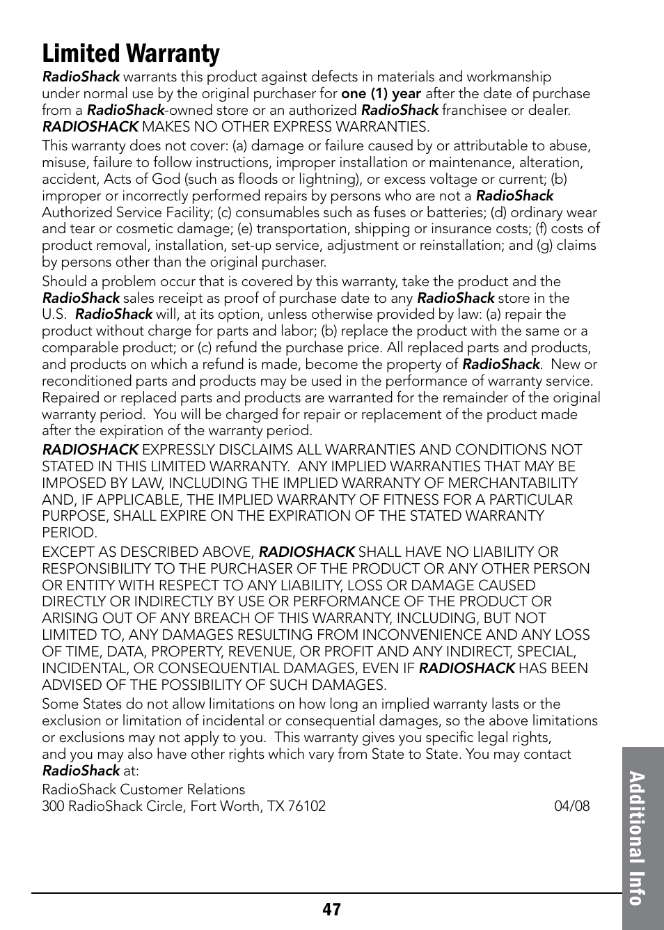 Limited warranty, Ad dit io na l i nfo | Radio Shack 43-326 User Manual | Page 47 / 48