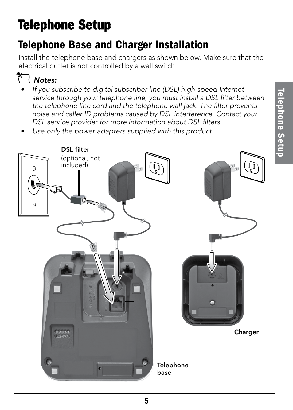 Telephone setup, Telephone base and charger installation, Te le ph on e s et up | Radio Shack 43-326 User Manual | Page 5 / 48