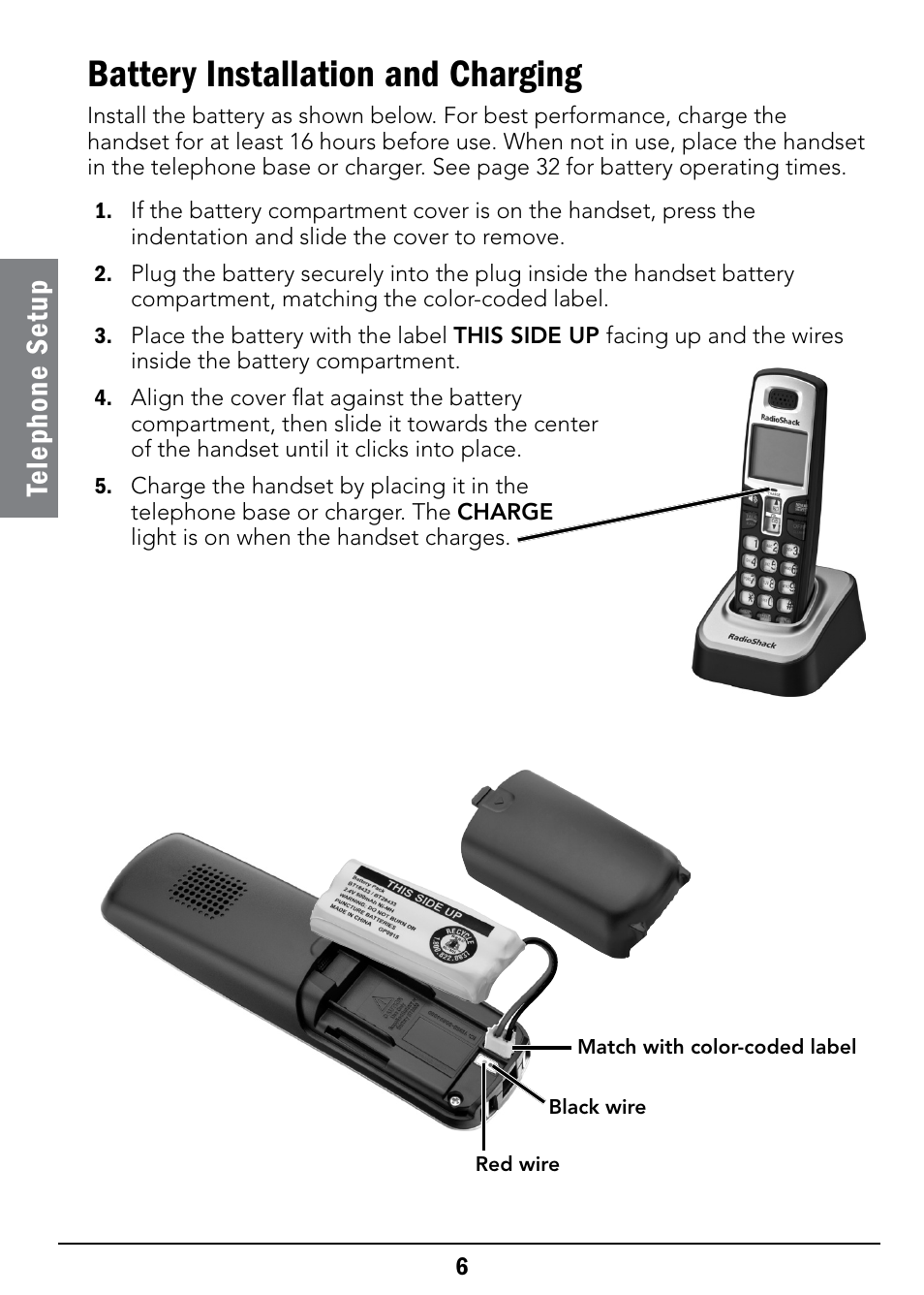 Battery installation and charging, Te le ph on e se tu p | Radio Shack 43-326 User Manual | Page 6 / 48