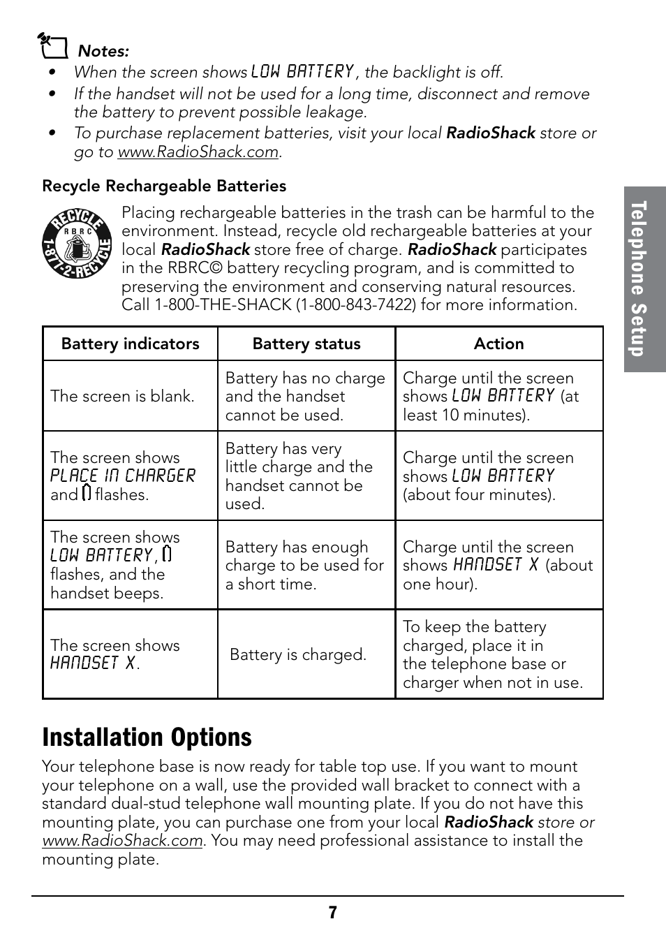 Installation options, Te le ph on e s et up | Radio Shack 43-326 User Manual | Page 7 / 48