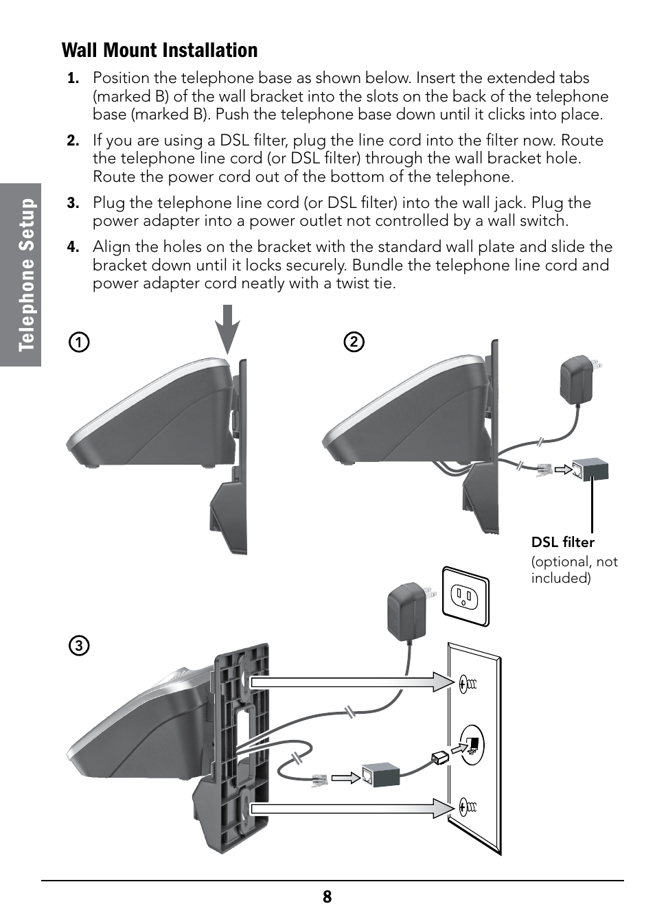 Te le ph on e se tu p wall mount installation | Radio Shack 43-326 User Manual | Page 8 / 48