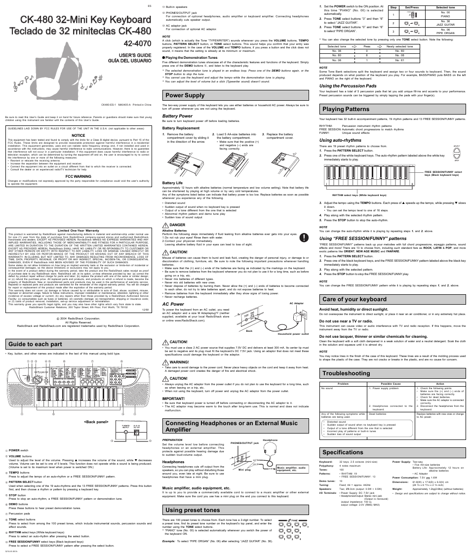 Radio Shack CK-480 User Manual | 2 pages