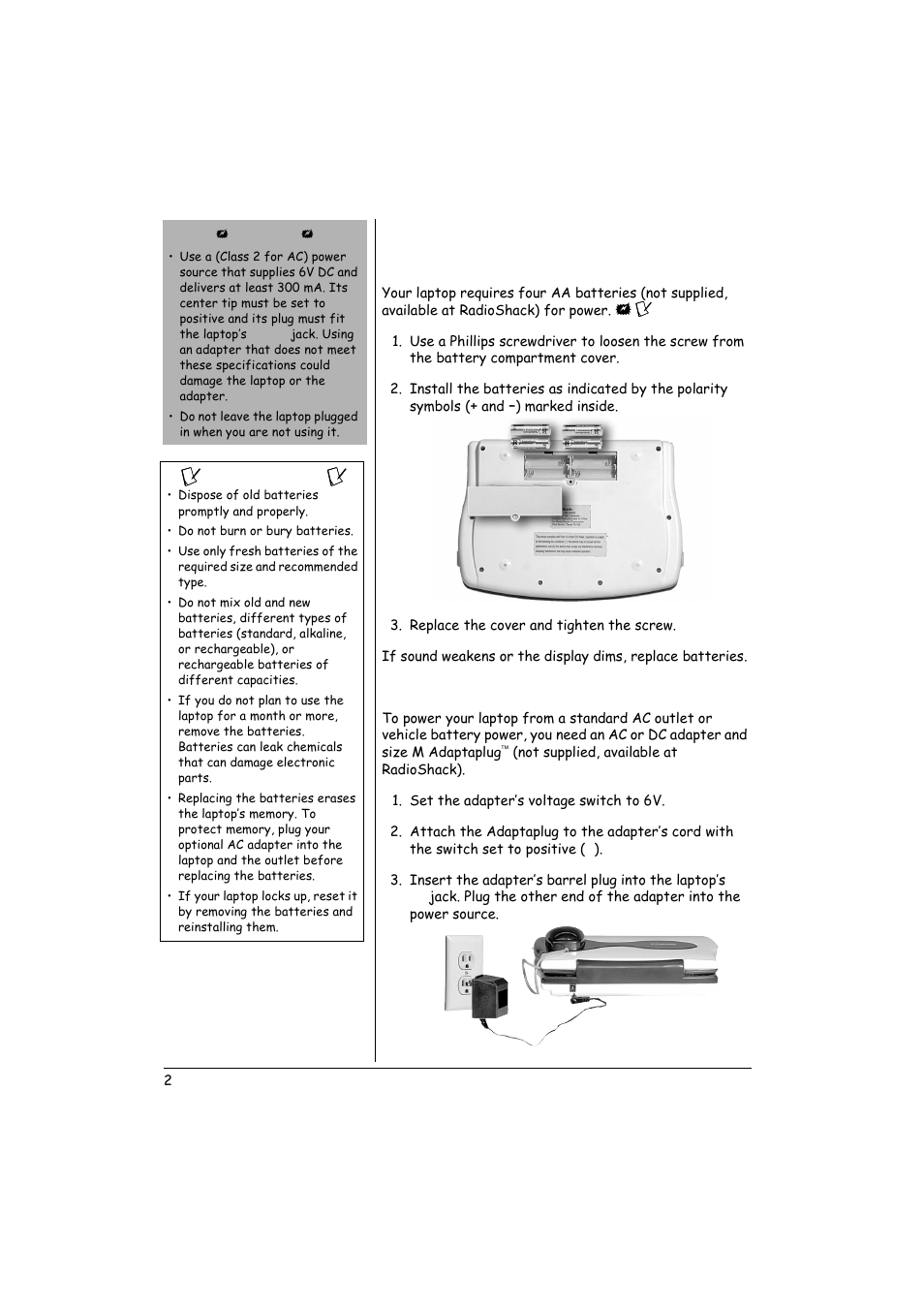 Powering your laptop, Installing batteries, Using an ac or dc adapter | Dc a | Radio Shack 60-2632 User Manual | Page 2 / 16