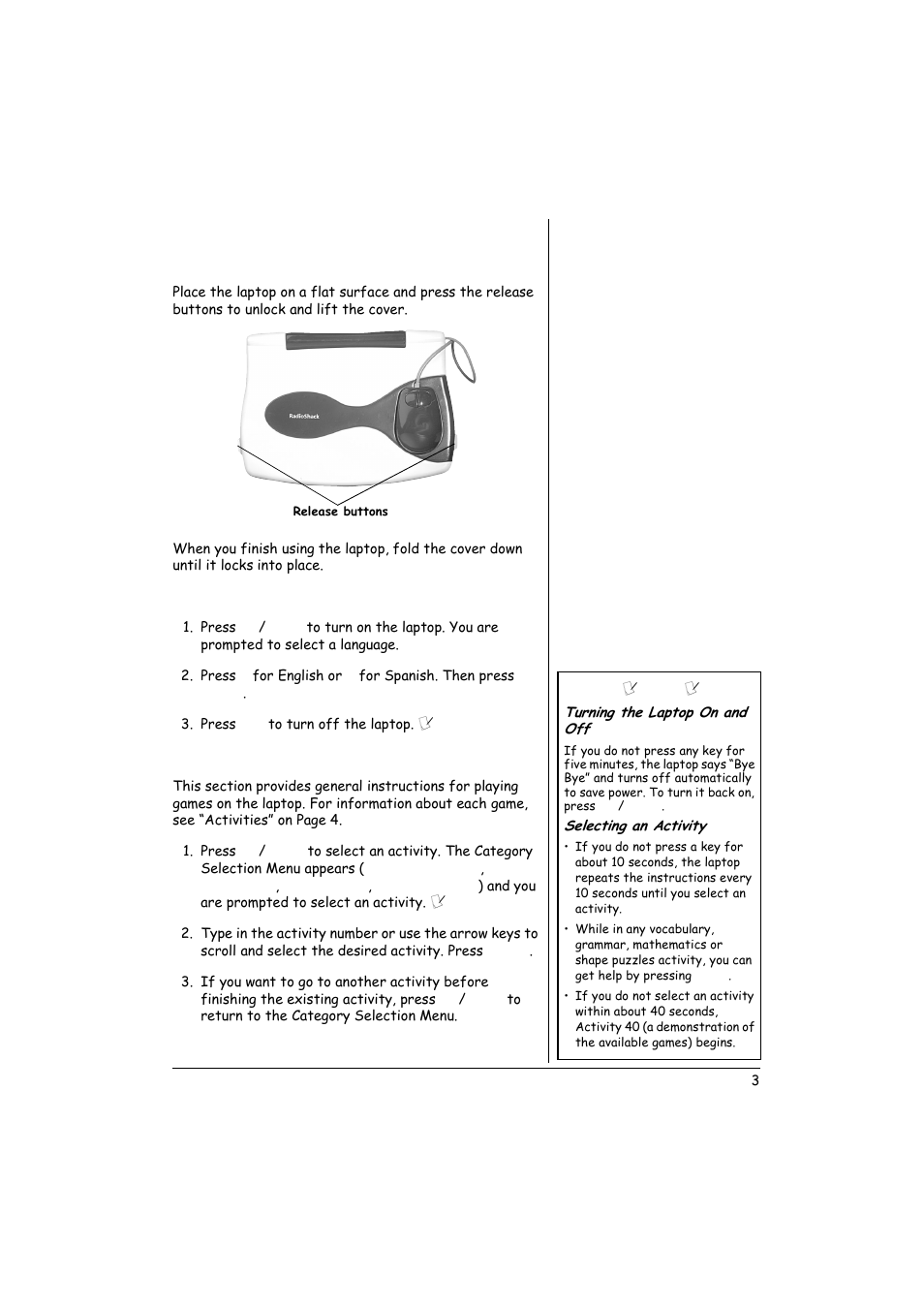 Operation, Opening the cover, Turning the laptop | On and off, Selecting an activity | Radio Shack 60-2632 User Manual | Page 3 / 16