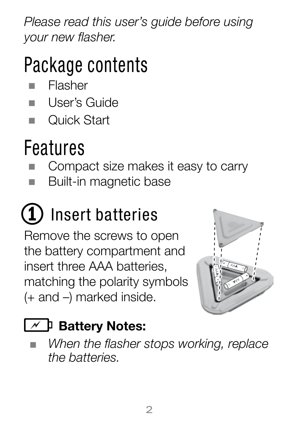 Package contents, Features, Insert batteries | Radio Shack 63-231 User Manual | Page 2 / 6