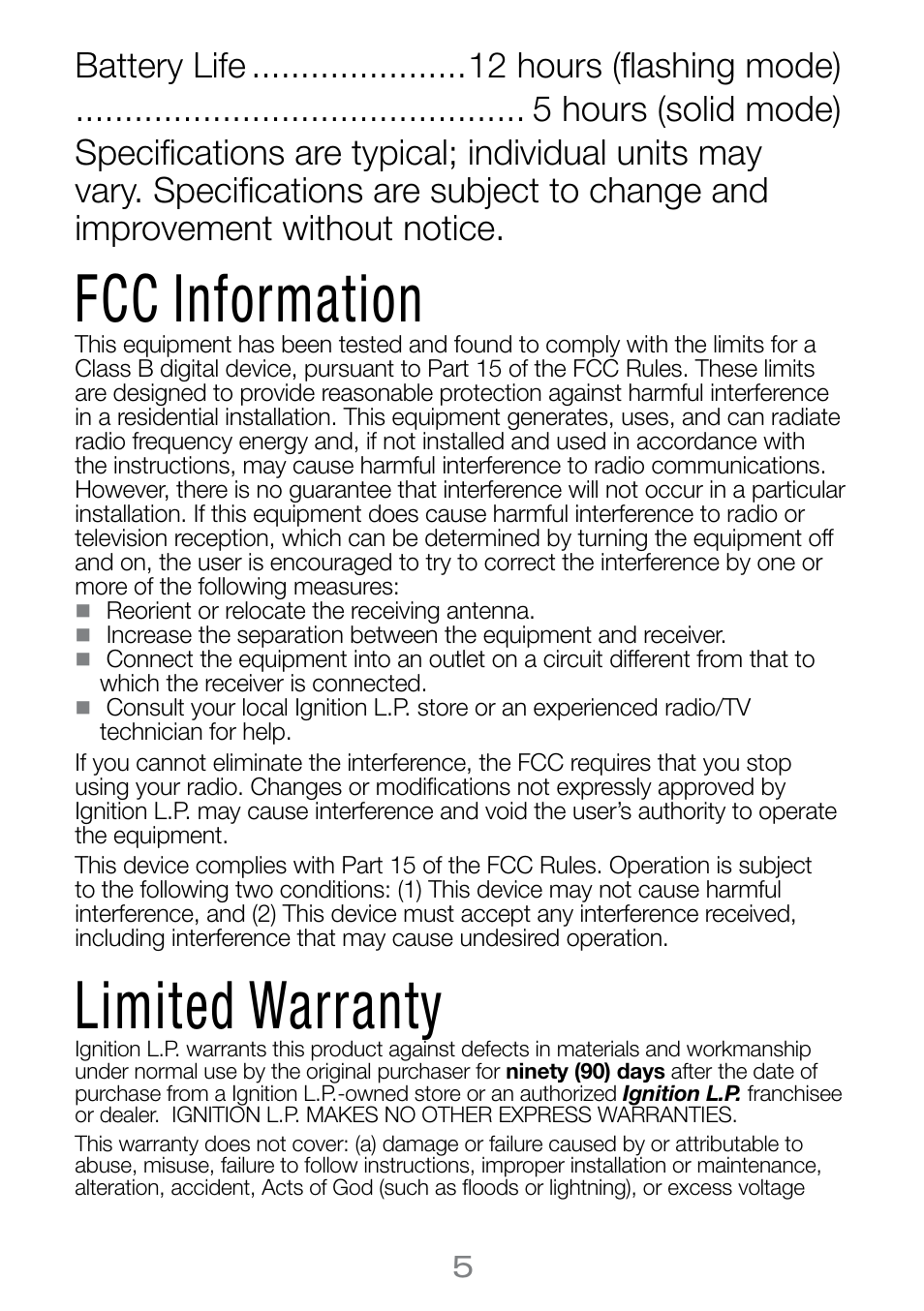 Fcc information, Limited warranty | Radio Shack 63-231 User Manual | Page 5 / 6