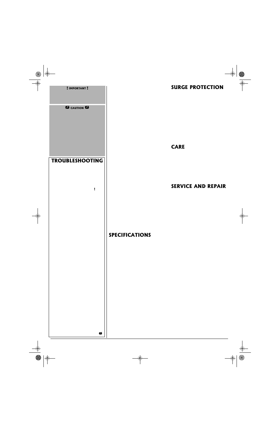 Surge protection, Care, Service and repair | Specifications, Troubleshooting | Radio Shack 61-2425 User Manual | Page 4 / 8