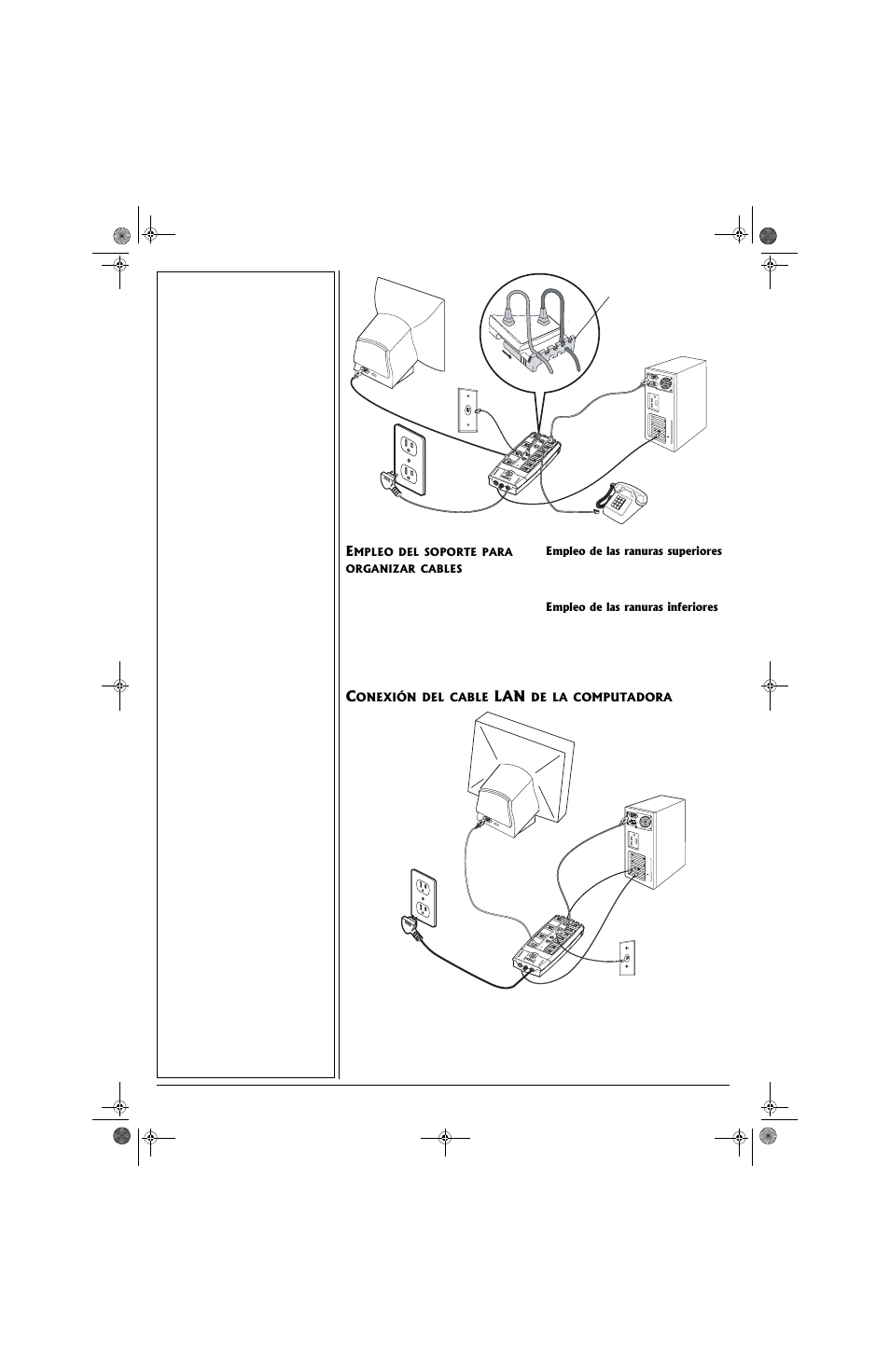Empleo de las ranuras superiores, Empleo de las ranuras inferiores, Onexión | Cable, Computadora, Mpleo, Soporte, Para, Organizar, Cables | Radio Shack 61-2425 User Manual | Page 6 / 8