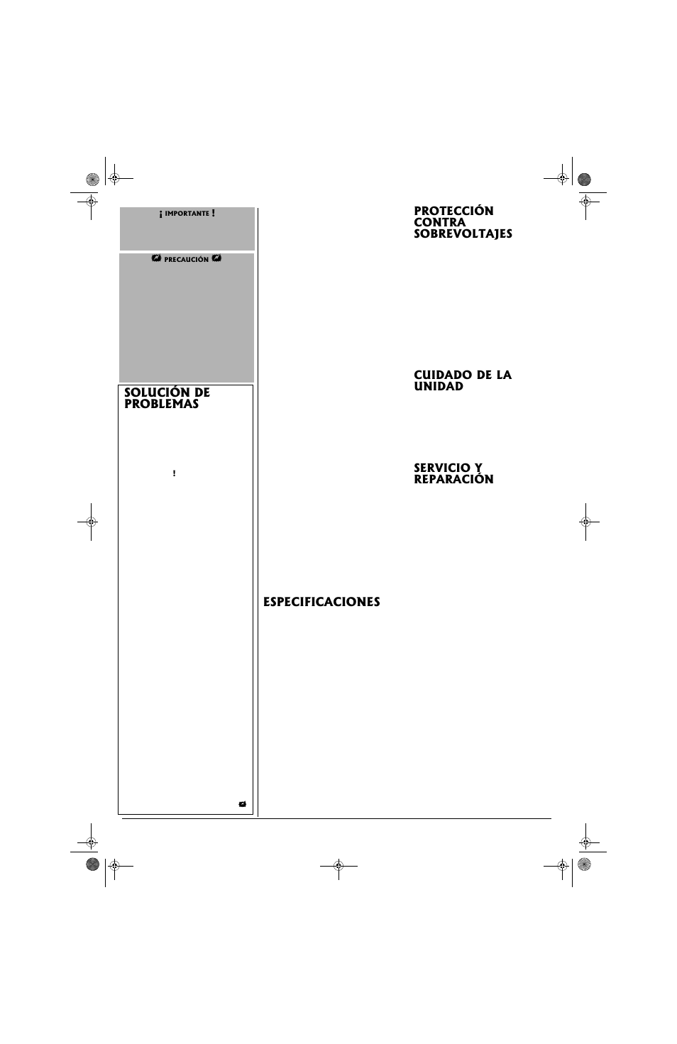 Especificaciones, Solución de problemas, Protección contra sobrevoltajes | Cuidado de la unidad, Servicio y reparación | Radio Shack 61-2425 User Manual | Page 8 / 8