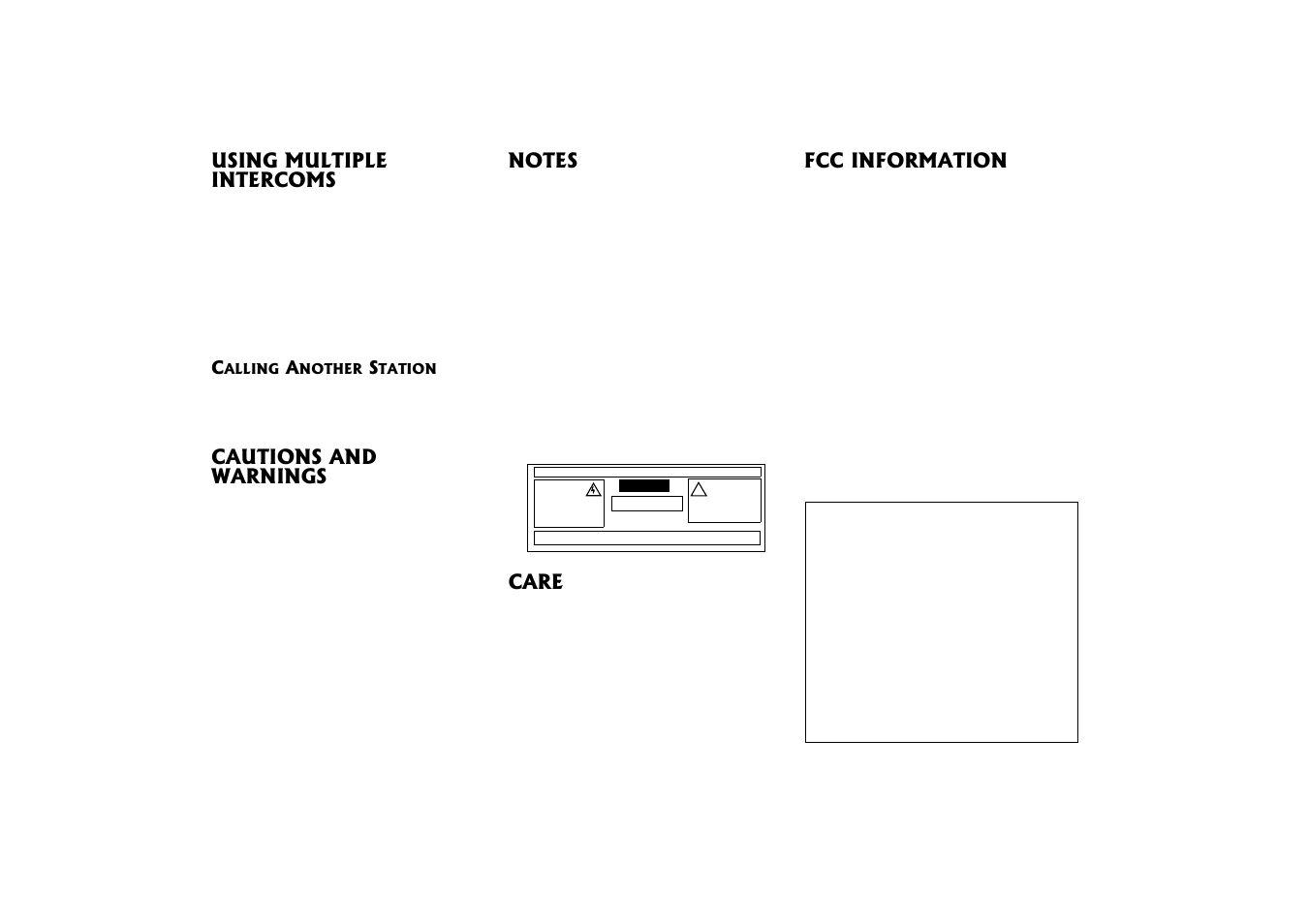 Using multiple intercoms, Cautions and warnings, Fcc information | Care | Radio Shack 43-3107 User Manual | Page 2 / 2