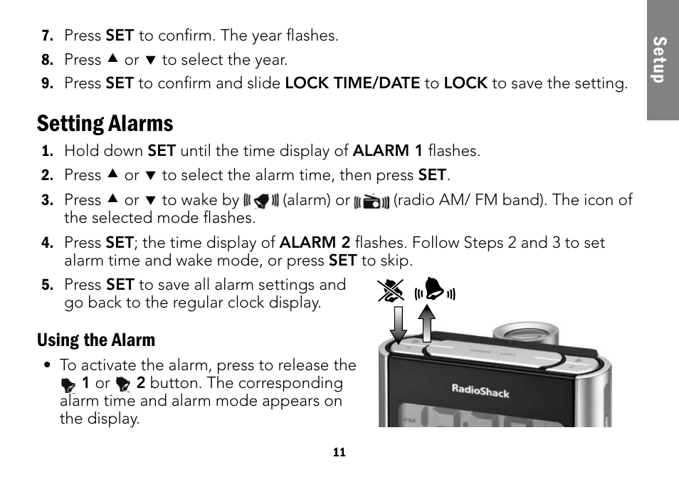 Setting alarms, Se tu p, Using the alarm | Radio Shack Projection 12-591 User Manual | Page 11 / 20
