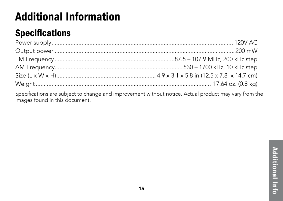 Additional information, Specifications | Radio Shack Projection 12-591 User Manual | Page 15 / 20