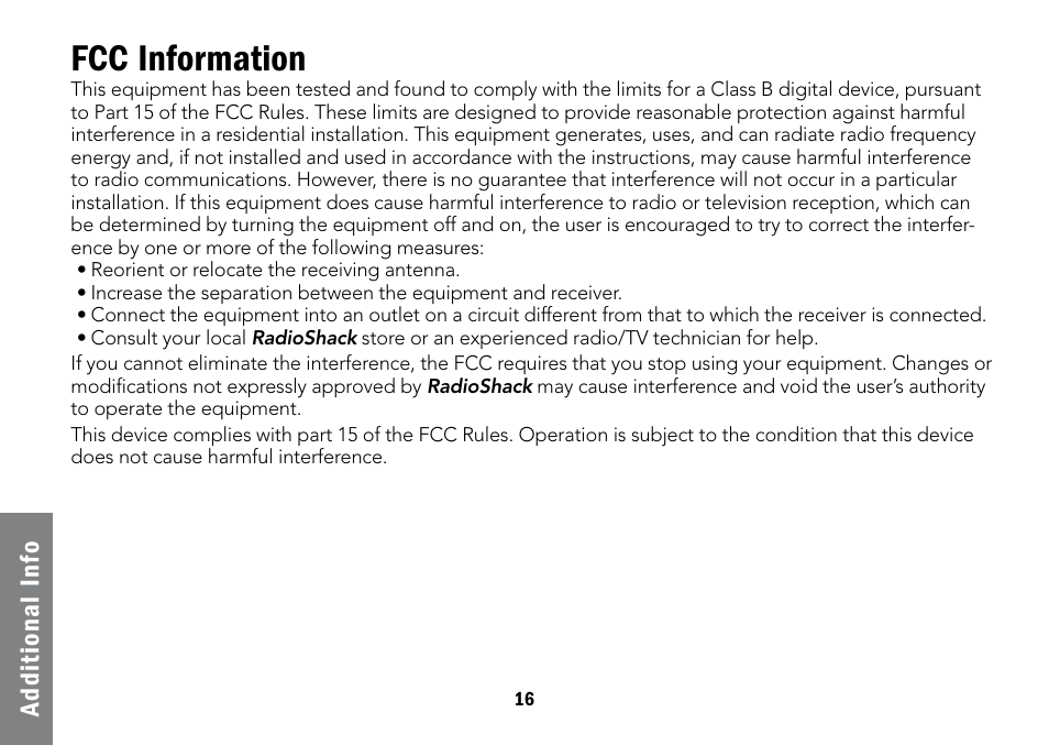 Fcc information, Ad di ti on al i nf o | Radio Shack Projection 12-591 User Manual | Page 16 / 20