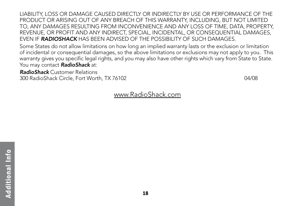 Ad di ti on al i nf o | Radio Shack Projection 12-591 User Manual | Page 18 / 20